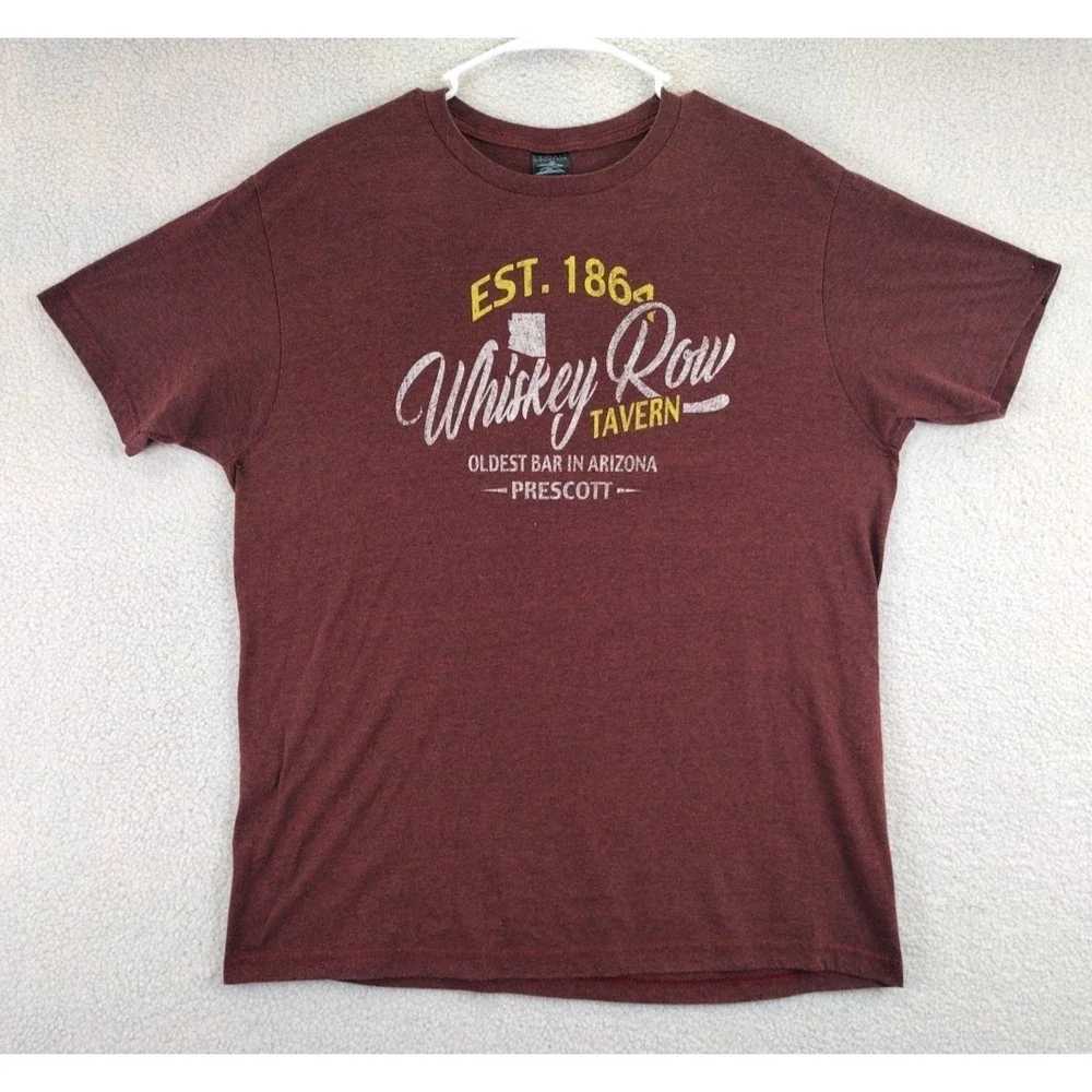 Prairie Mountain Mens Whiskey Row Tavern T Shirt XL Marled Burgundy‎ Graphic Tee